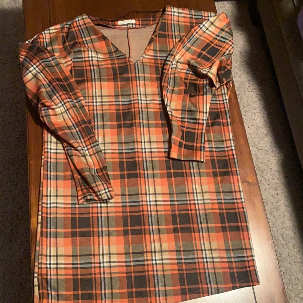 Perfect for fall! Plaid orange Zara shift dress with puffed sleeves.
